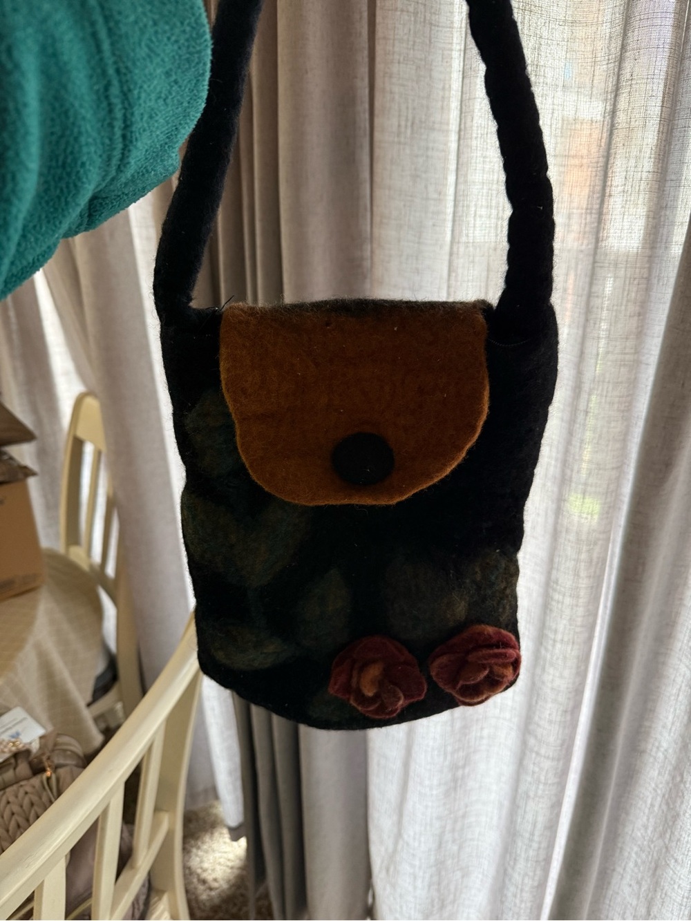 Handcrafted Black and Brown Felt Shoulder Bag with Floral Accent